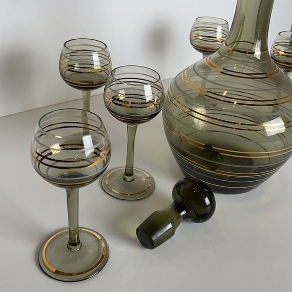 Vintage Bohemian MCM Gold Striped Smokey Topaz Decanter Set - Picture 7 of 13